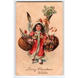 Vintage 1908 Embossed Christmas Angel Holds Baskets Postcard Toys & Mistletoe